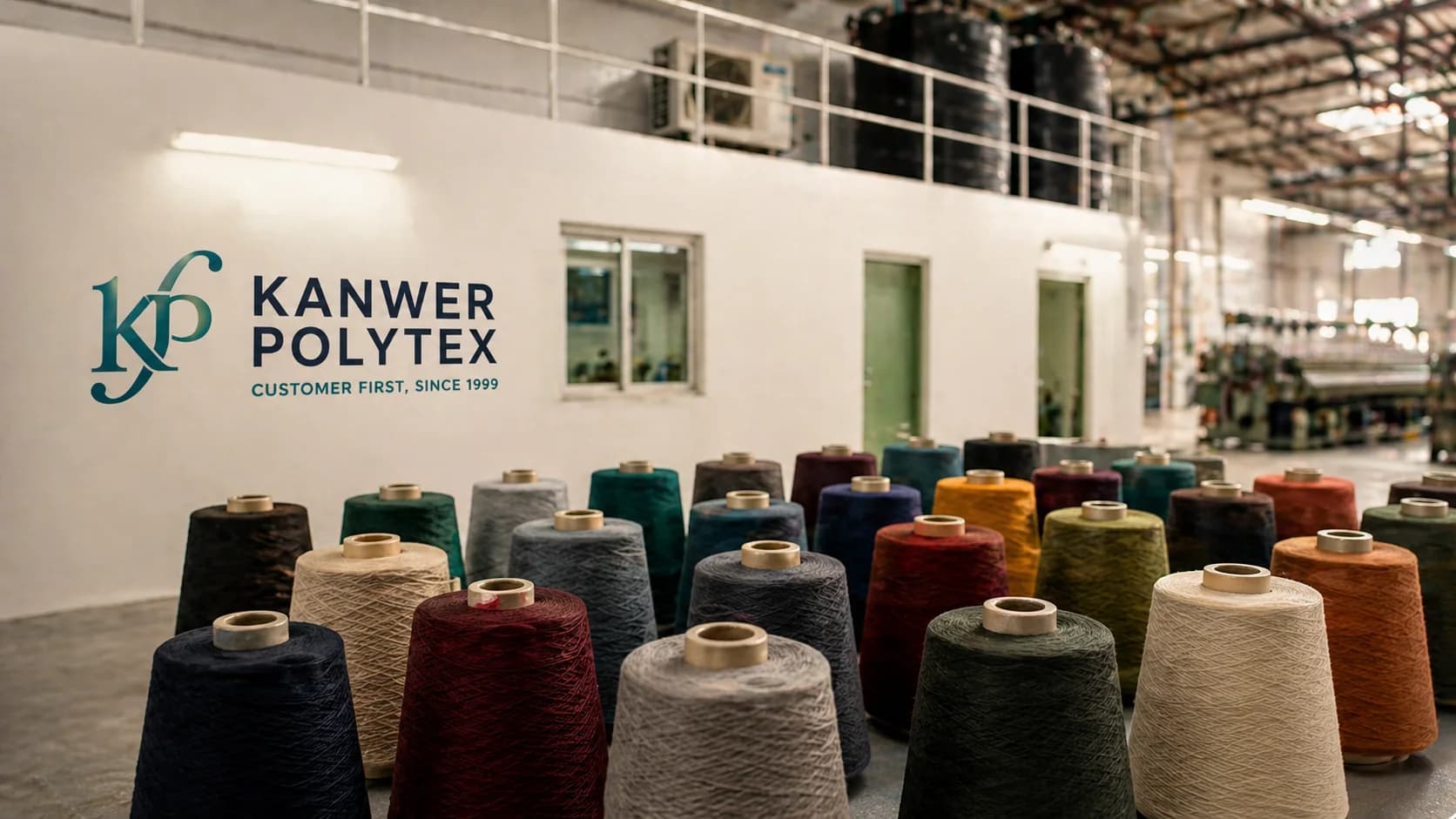 Polyester dyed yarn cones displayed for product-route comparison