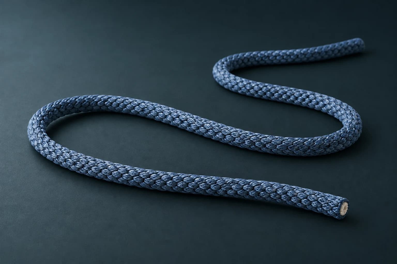 Slate-blue round cord showing its braided outer construction