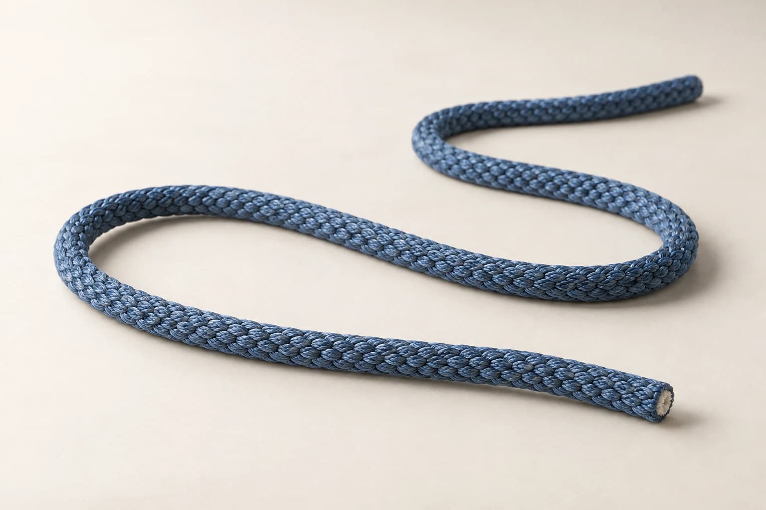 Slate-blue round cord showing its braided outer construction