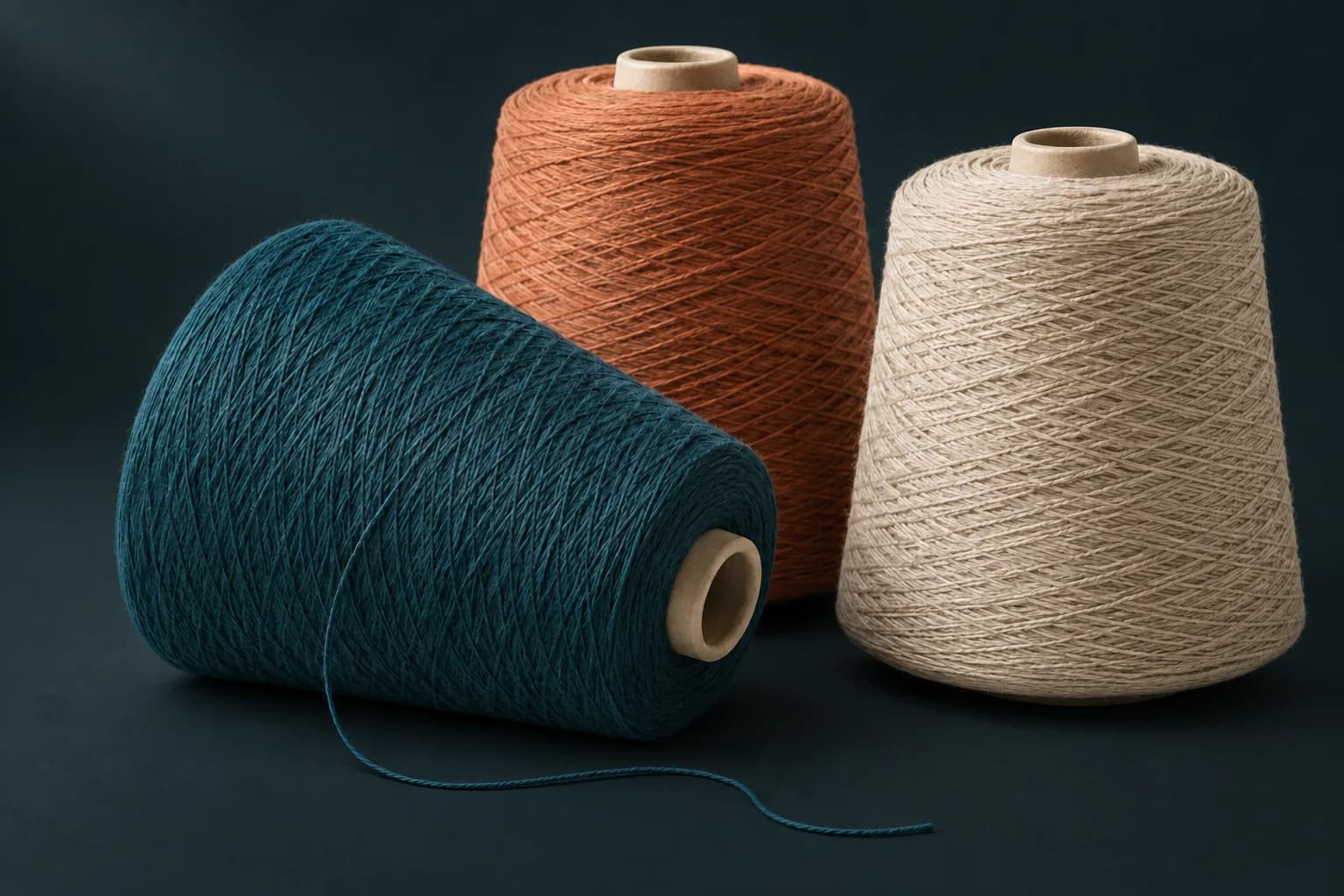 Illustration of teal, terracotta and flax-coloured yarn cones with a loose strand